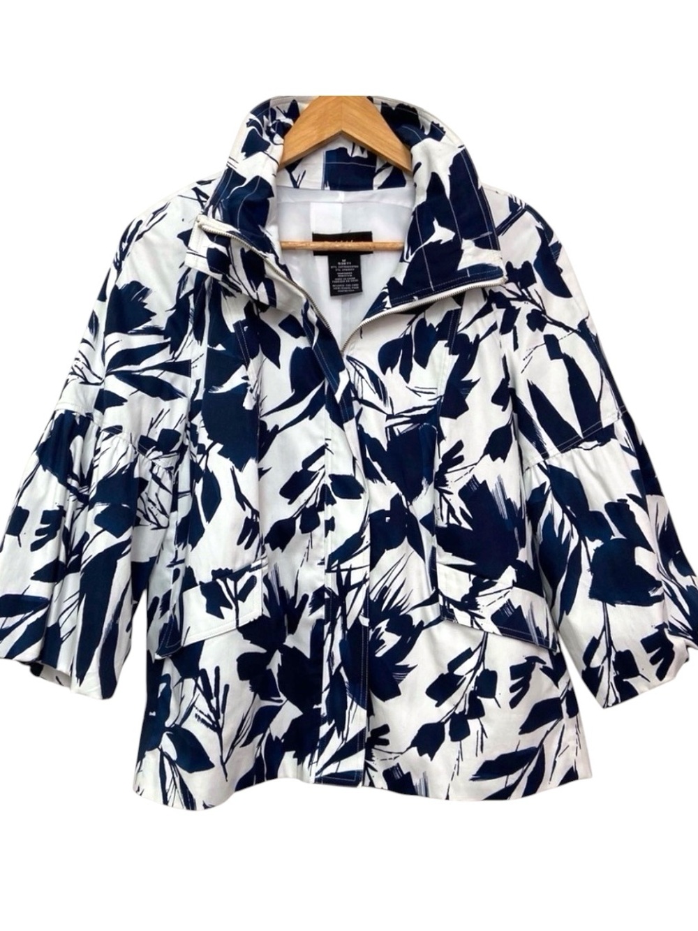 Rachel Adams blazer jacket cotton spandex white blue floral spring summer Medium